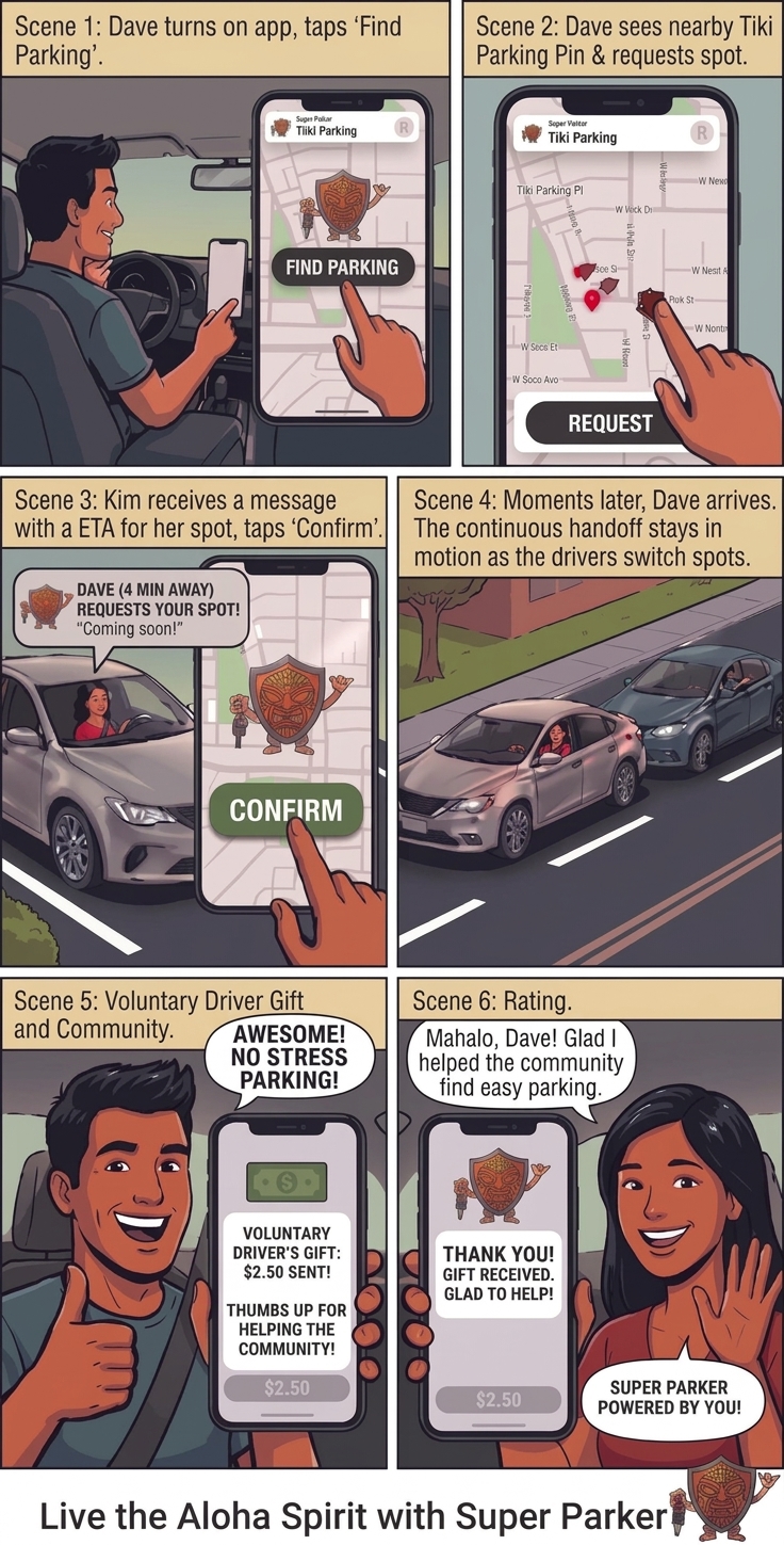 Illustrated Super Parker parking handoff sequence.